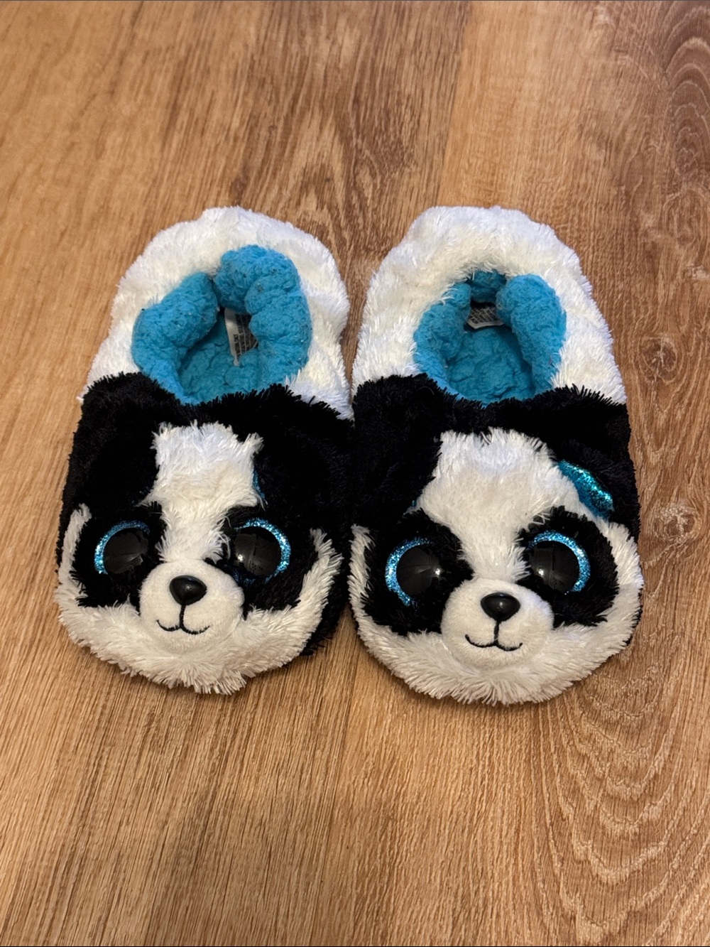 TY Plush Panda Kids One-Piece Slippers in Black & White with Blue Trim